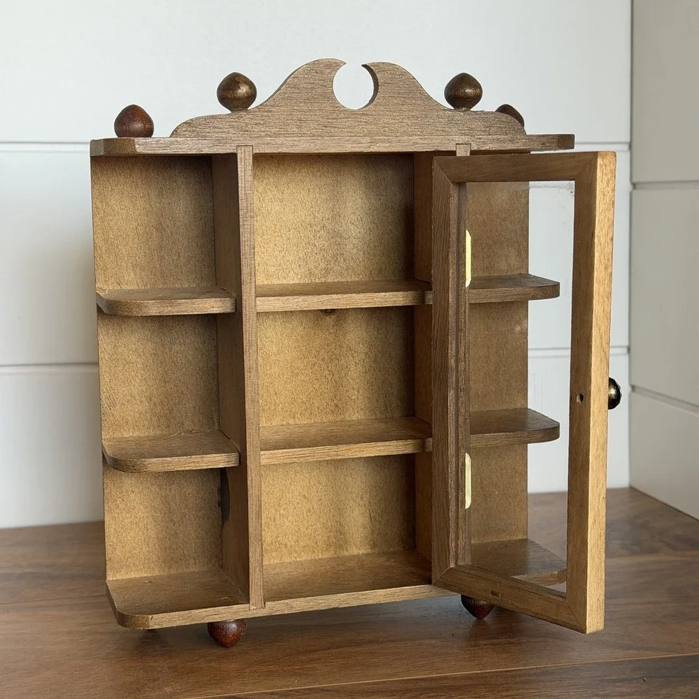 VTG Miniture Wood And Glass Footed Curio Cabinet with 3 Shelf MCM Trinkets *Flaw